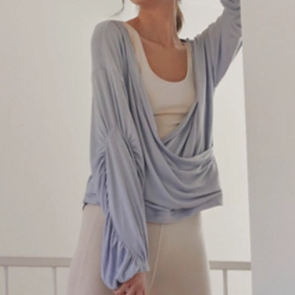FP Movement Light Blue Surplice Wrap Top Ruched Sleeves